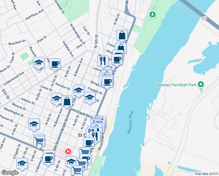 map of restaurants, bars, coffee shops, grocery stores, and more near 826 North 2nd Street in Saint Charles