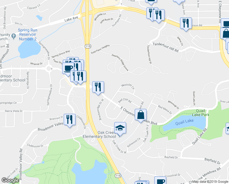 map of restaurants, bars, coffee shops, grocery stores, and more near 3030 Westcliff Drive West in Colorado Springs