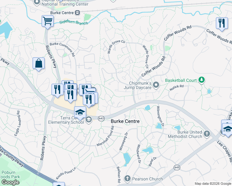 map of restaurants, bars, coffee shops, grocery stores, and more near 10081 Chestnut Wood Lane in Burke