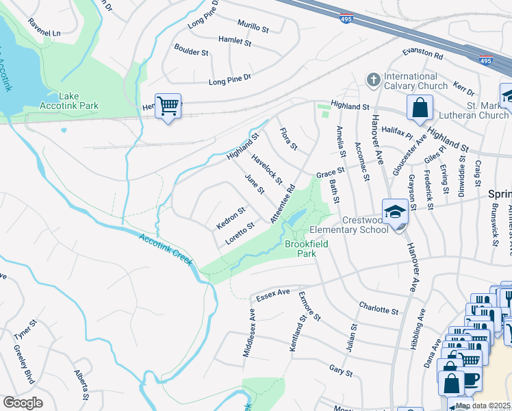 map of restaurants, bars, coffee shops, grocery stores, and more near 5922 Atteentee Road in Springfield