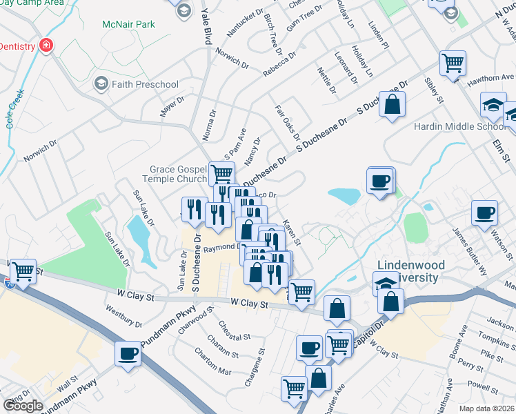 map of restaurants, bars, coffee shops, grocery stores, and more near 613 Lammert Court in Saint Charles