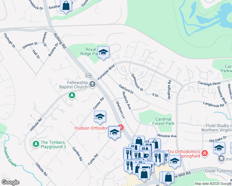 map of restaurants, bars, coffee shops, grocery stores, and more near 6019 Sherborn Lane in West Springfield