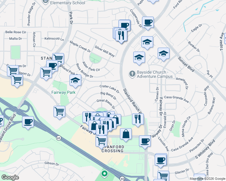 map of restaurants, bars, coffee shops, grocery stores, and more near 6112 Big Bend Drive in Roseville