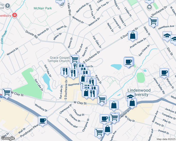 map of restaurants, bars, coffee shops, grocery stores, and more near 613 Lammert Court in Saint Charles