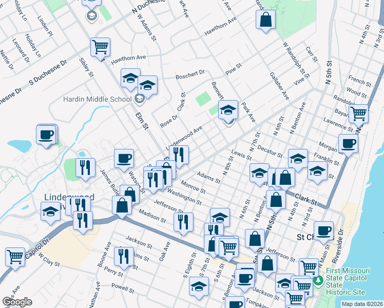 map of restaurants, bars, coffee shops, grocery stores, and more near 428 Houston Street in Saint Charles