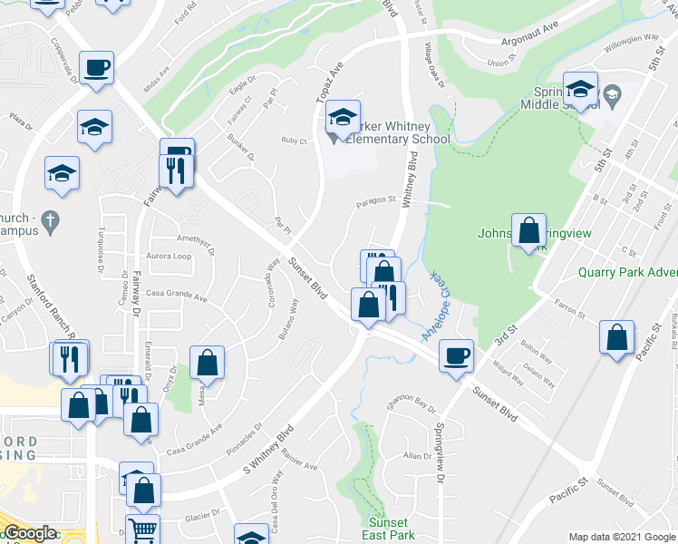 map of restaurants, bars, coffee shops, grocery stores, and more near 5405 Paragon Street in Rocklin