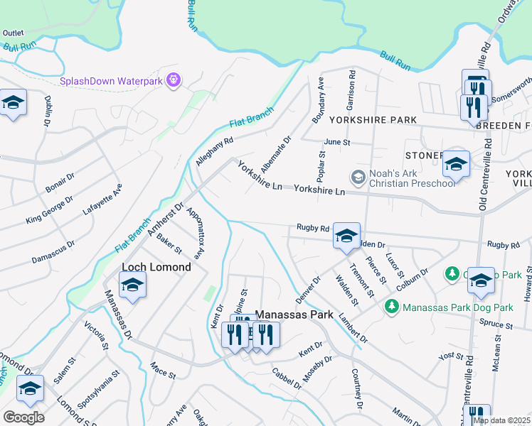 map of restaurants, bars, coffee shops, grocery stores, and more near 9016 Rugby Road in Manassas Park