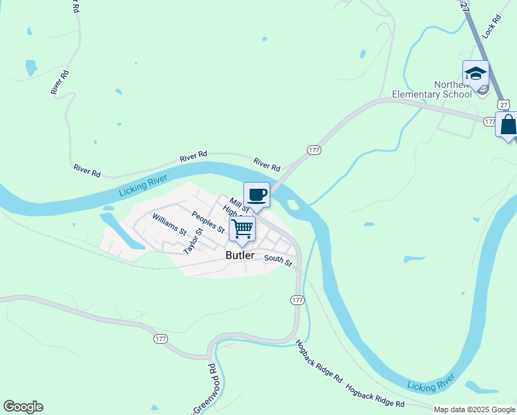 map of restaurants, bars, coffee shops, grocery stores, and more near Matilda Street in Butler