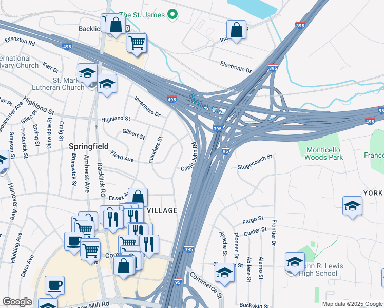 map of restaurants, bars, coffee shops, grocery stores, and more near 6711 Cabin John Road in Springfield