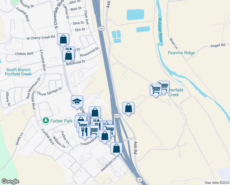 map of restaurants, bars, coffee shops, grocery stores, and more near Asti Road in Cloverdale