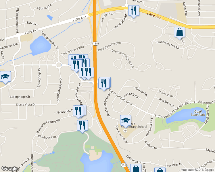 map of restaurants, bars, coffee shops, grocery stores, and more near 430 East Cheyenne Mountain Boulevard in Colorado Springs