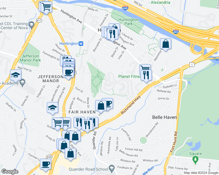 map of restaurants, bars, coffee shops, grocery stores, and more near 5902 Mount Eagle Drive in Alexandria