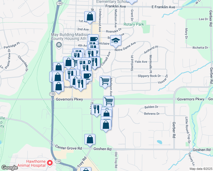 map of restaurants, bars, coffee shops, grocery stores, and more near 2120 Troy Road in Edwardsville