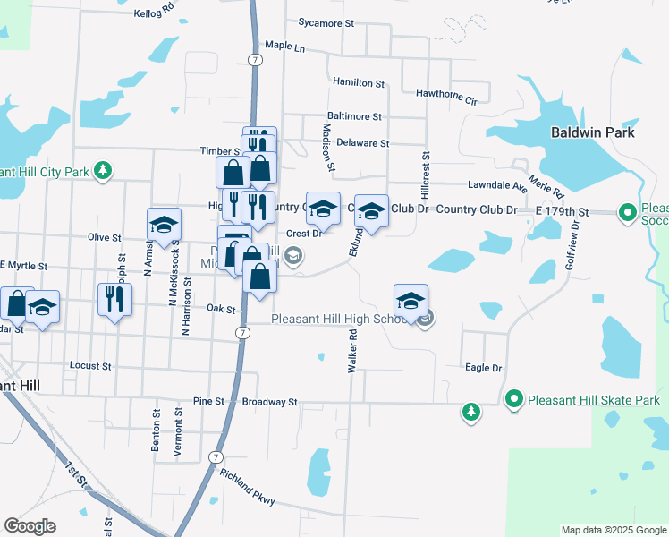 map of restaurants, bars, coffee shops, grocery stores, and more near 304 Eklund Street in Pleasant Hill