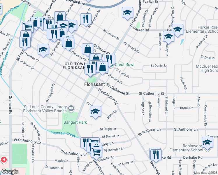 map of restaurants, bars, coffee shops, grocery stores, and more near 1245 Washington Street in Florissant