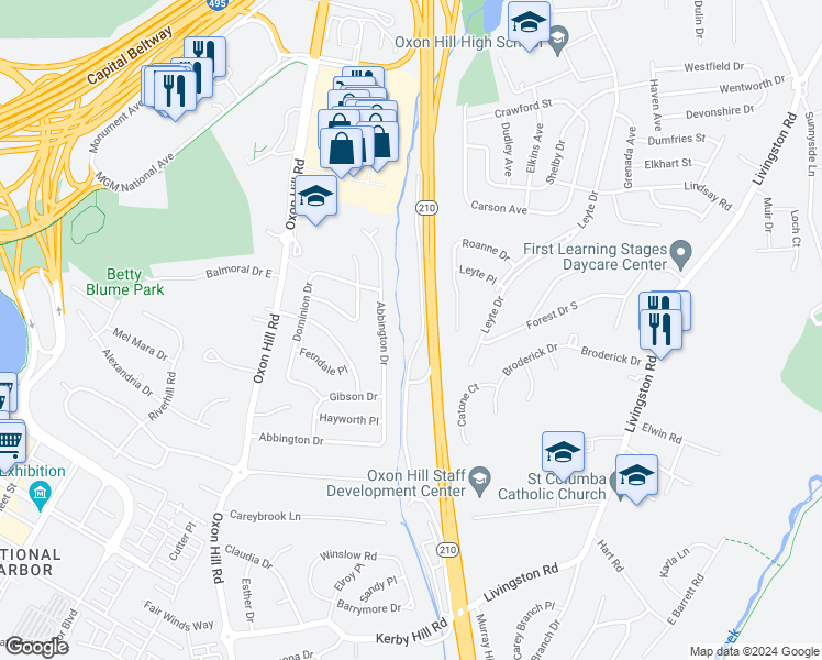 map of restaurants, bars, coffee shops, grocery stores, and more near 516 Wilson Bridge Drive in Oxon Hill