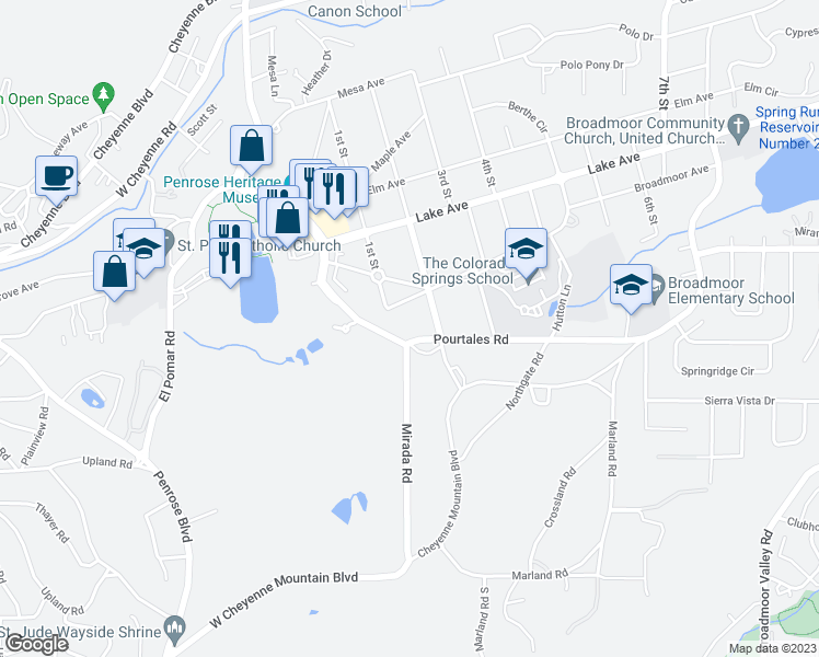 map of restaurants, bars, coffee shops, grocery stores, and more near 4 Pourtales Road in Colorado Springs