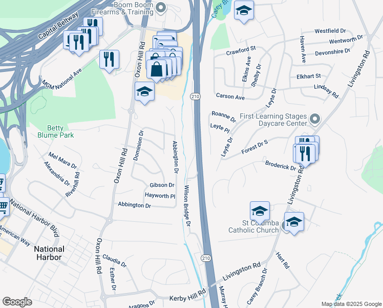 map of restaurants, bars, coffee shops, grocery stores, and more near 518 Wilson Bridge Drive in Oxon Hill