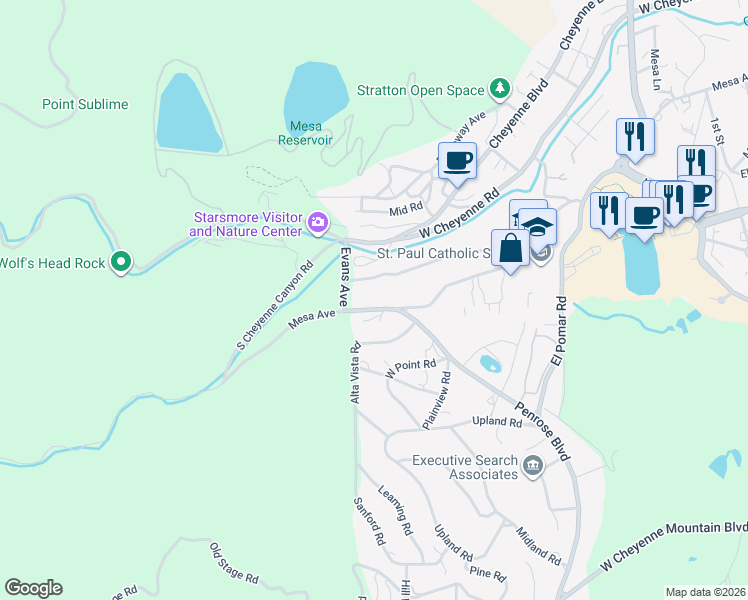 map of restaurants, bars, coffee shops, grocery stores, and more near 2000 Mesa Avenue in Colorado Springs