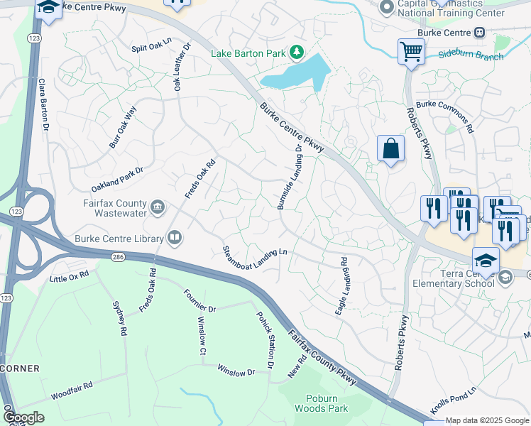 map of restaurants, bars, coffee shops, grocery stores, and more near 10626 Battalion Landing Court in Burke