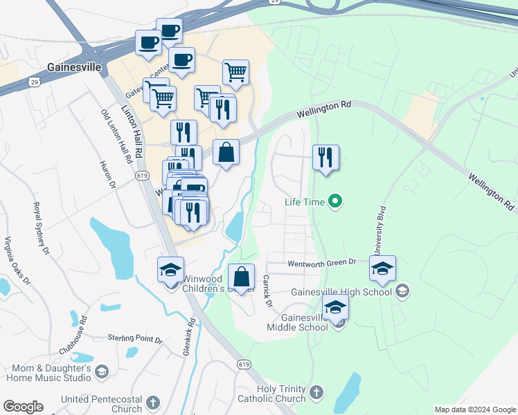 map of restaurants, bars, coffee shops, grocery stores, and more near 7717 Milton Circle in Gainesville