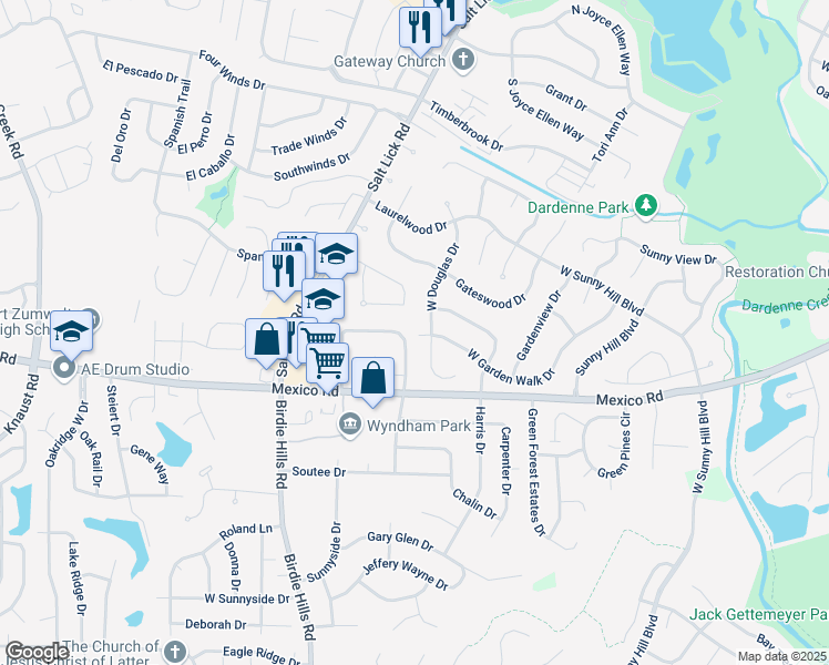 map of restaurants, bars, coffee shops, grocery stores, and more near 42 Deer Grove Drive in St. Peters