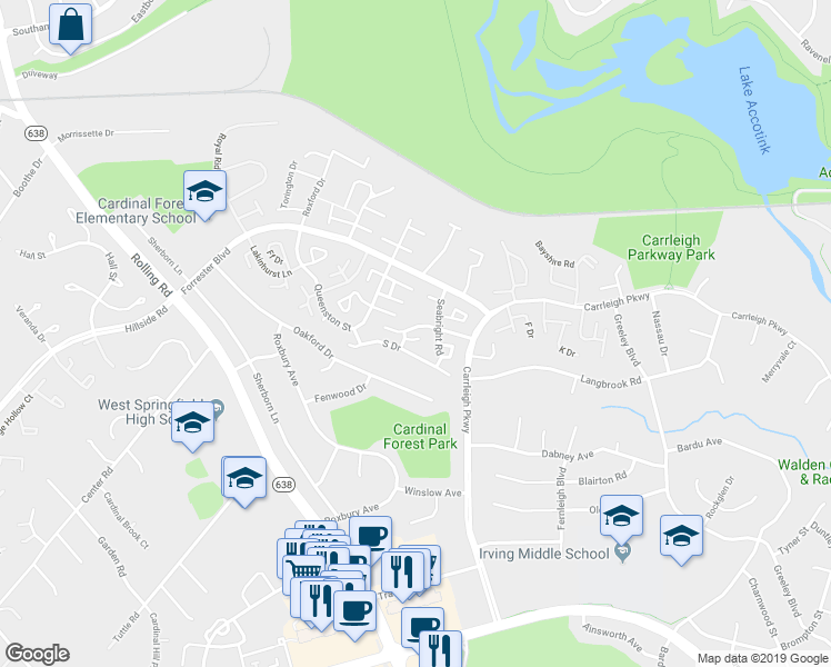 map of restaurants, bars, coffee shops, grocery stores, and more near 8327 Wickham Road in West Springfield