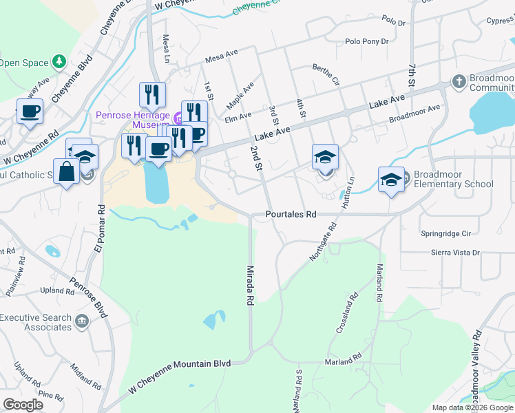 map of restaurants, bars, coffee shops, grocery stores, and more near 4 Pourtales Road in Colorado Springs