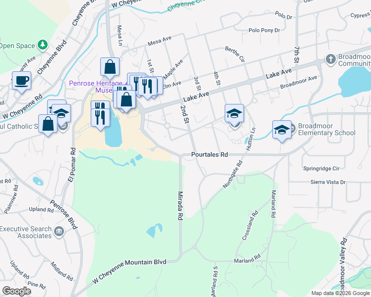 map of restaurants, bars, coffee shops, grocery stores, and more near 4 Pourtales Road in Colorado Springs