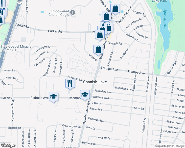 map of restaurants, bars, coffee shops, grocery stores, and more near in Spanish Lake
