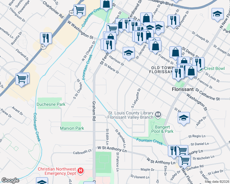 map of restaurants, bars, coffee shops, grocery stores, and more near 240 South Saint Jacques Street in Florissant