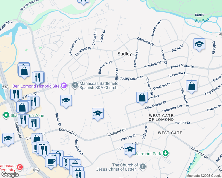 map of restaurants, bars, coffee shops, grocery stores, and more near 7624 Bland Drive in Manassas