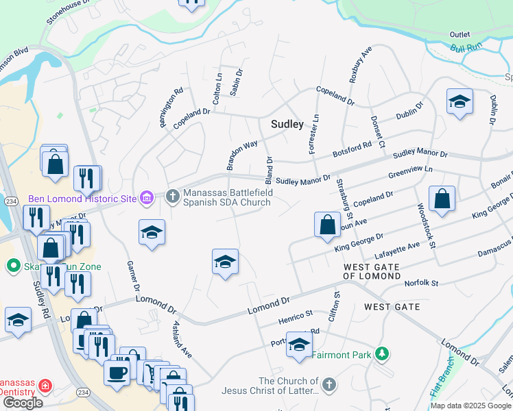 map of restaurants, bars, coffee shops, grocery stores, and more near 7624 Bland Drive in Manassas