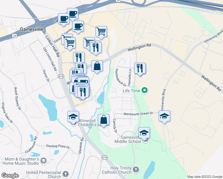 map of restaurants, bars, coffee shops, grocery stores, and more near 7719 Milton Circle in Gainesville