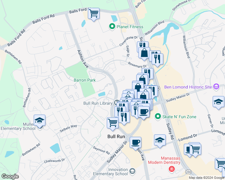 map of restaurants, bars, coffee shops, grocery stores, and more near 7602 Monitor Court in Manassas