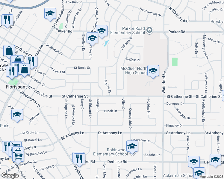 map of restaurants, bars, coffee shops, grocery stores, and more near 560 Pimlico Drive in Florissant