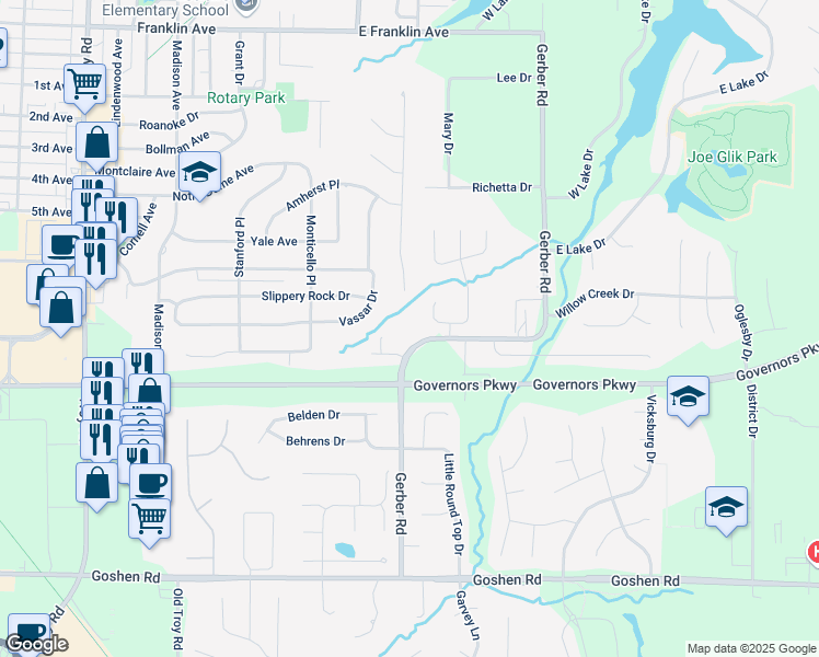 map of restaurants, bars, coffee shops, grocery stores, and more near 1725 Gerber Road in Edwardsville