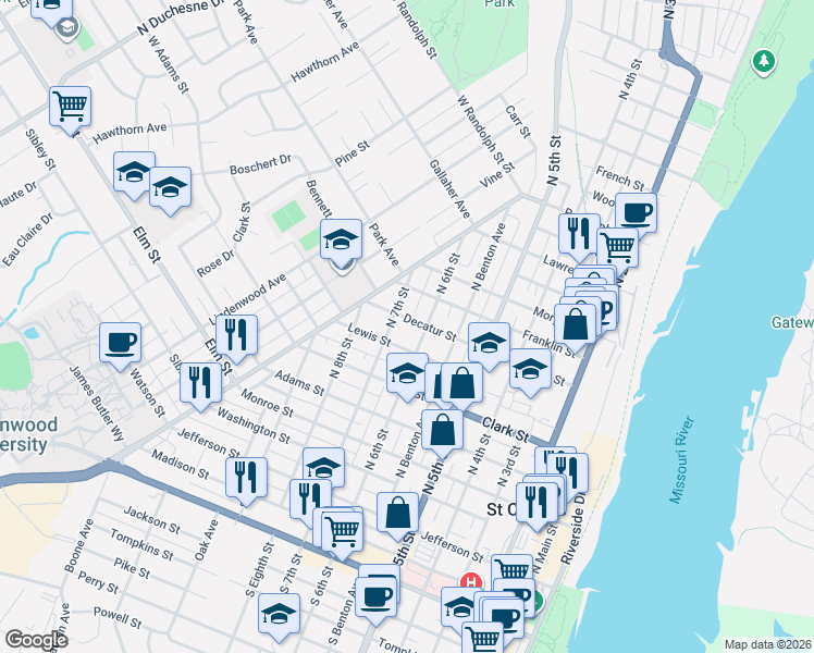 map of restaurants, bars, coffee shops, grocery stores, and more near 609 North 6th Street in Saint Charles