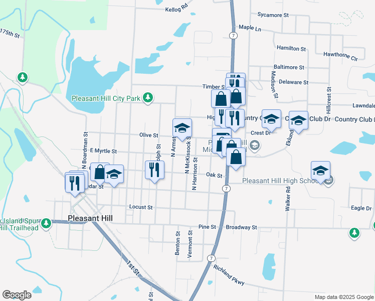 map of restaurants, bars, coffee shops, grocery stores, and more near 327 North McKissock Street in Pleasant Hill
