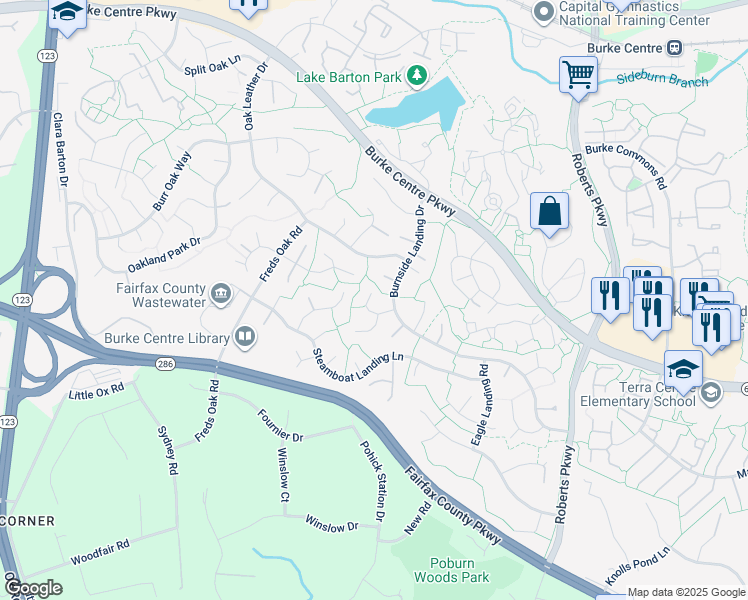 map of restaurants, bars, coffee shops, grocery stores, and more near 10626 Battalion Landing Court in Burke