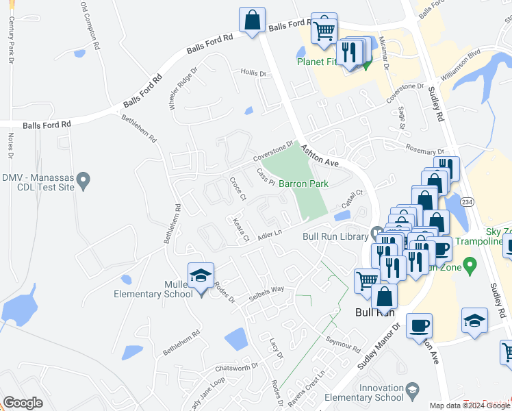 map of restaurants, bars, coffee shops, grocery stores, and more near 11120 Stagestone Way in Manassas