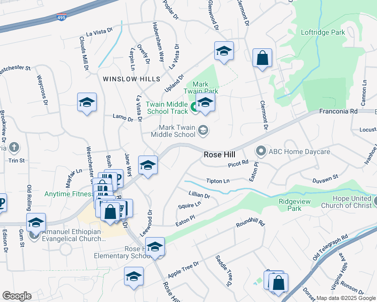 map of restaurants, bars, coffee shops, grocery stores, and more near 4707 Franconia Road in Alexandria
