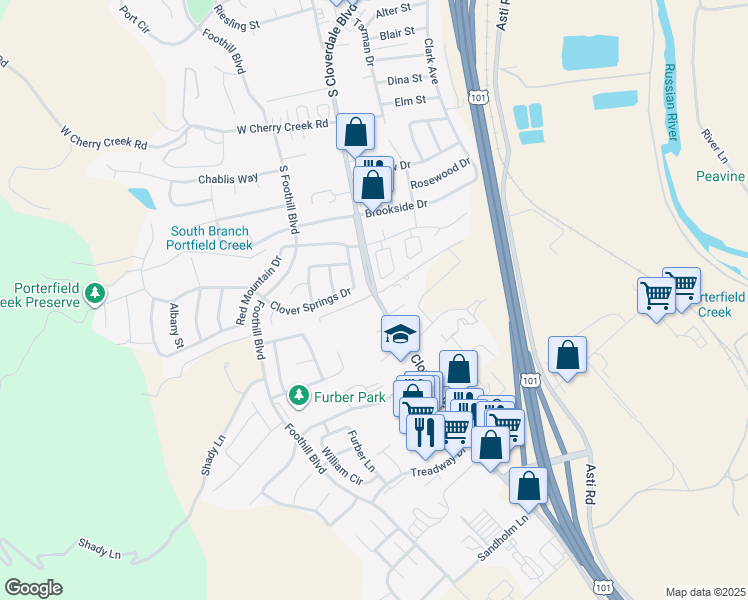 map of restaurants, bars, coffee shops, grocery stores, and more near 1001 South Cloverdale Boulevard in Cloverdale