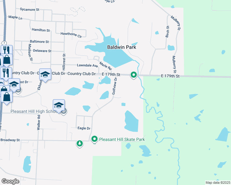 map of restaurants, bars, coffee shops, grocery stores, and more near 402 Golfview Drive in Pleasant Hill