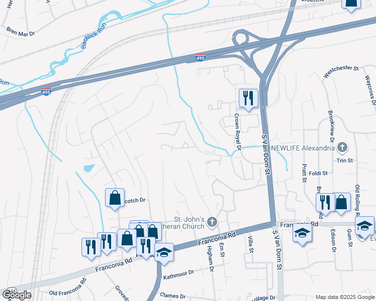 map of restaurants, bars, coffee shops, grocery stores, and more near 6029 Heatherwood Drive in Alexandria