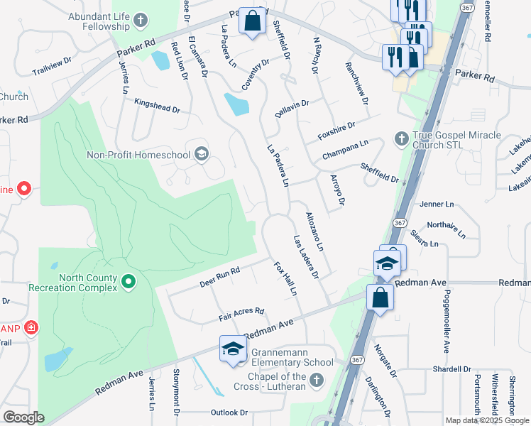 map of restaurants, bars, coffee shops, grocery stores, and more near 11705 El Camara Drive in Florissant