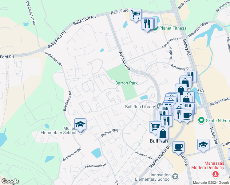 map of restaurants, bars, coffee shops, grocery stores, and more near 7866 Apache Ridge Court in Manassas