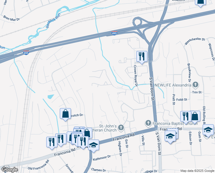 map of restaurants, bars, coffee shops, grocery stores, and more near 6029 Heatherwood Drive in Alexandria