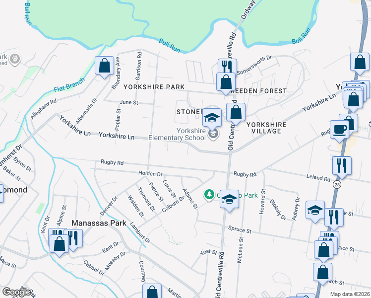map of restaurants, bars, coffee shops, grocery stores, and more near 8721 Yorkshire Lane in Manassas