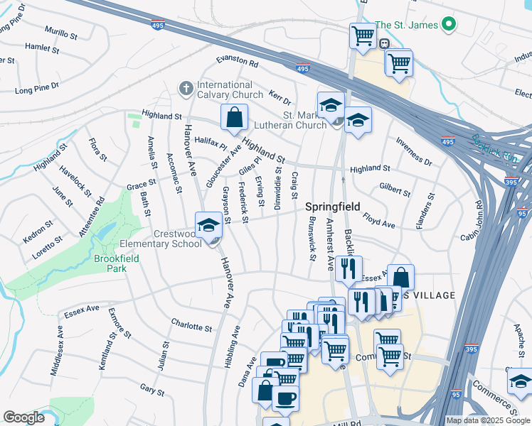 map of restaurants, bars, coffee shops, grocery stores, and more near 5921 Erving Street in Springfield